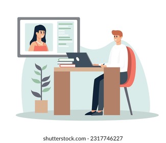 Smiling characters communicating online. Video calls in business. Remote job and freelancers. Collective virtual meeting with coworkers. Teamwork during quarantine. Vector