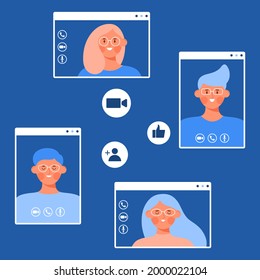 Smiling characters communicating in video conference - Video call interface, young male female, support elements - Online learning, business meeting