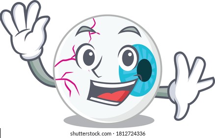 A smiling charming eyeball waving with hand. mascot design style and