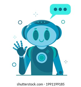 Smiling chat bot character robot helping solve a problems. For website or mobile application. Flat cartoon illustration isolated on white background.