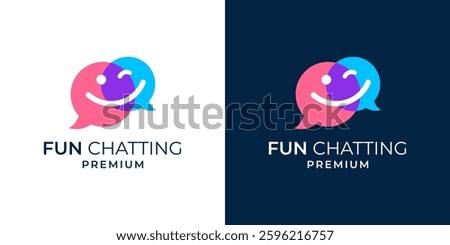 Smiling chat logo. Funny chat logo design vector illustration template. Chat bubble logo with smiling face symbol illustration. Vector logo design of people, talking, fun, chat, kids, education.