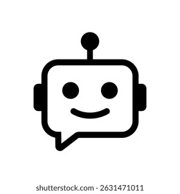 Smiling chatbot head with antenna and ears in simple black style