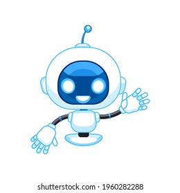 Smiling chatbot helping solve problems. robot shaking hand. greeting moves. Cartoon vector illustration. isolated on white background.