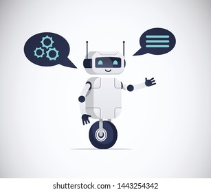 smiling chatbot on wheel with hands helping solve a problems. greeting moves. shaking hands vector illustration. isolated on white background.