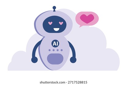 robot de chatbot sonriente con mensaje de amor, un corazón en forma de corazón, que simboliza el amor, el cuidado y la interacción positiva con la IA.