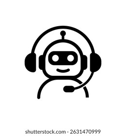Smiling chatbot with round head, headset, and antenna in black style