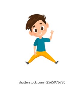 Smiling cheerful boy character jumping and waving. Cute and friendly vector cartoon illustration. Flat style character isolated on white background for children's content, animations, education, sport