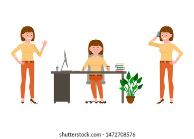 Smiling, cheerful, brown hair office woman in orange pants vector illustration. Waving hello, sitting at desk, writing, talking on phone female cartoon character set