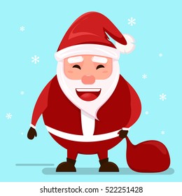 Smiling cheerful cartoon Santa Claus holding the bag with presents. Santa wishes Merry Christmas. Happy New Year 2017 Vector postcard.