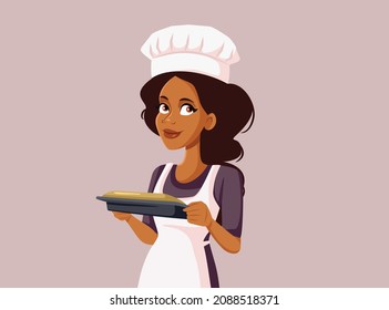 Smiling Cheerful Cook Holding a Pie Tray Vector Illustration. Female baker and small business owner presenting and serving food
