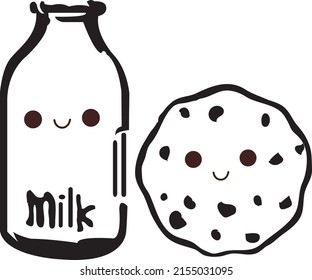 Smiling cheerful cookie and a bottle of milk. Vector flat cartoon illustration icon design. Isolated on white background. Freshly baked kawaii choco cookie with milk concept