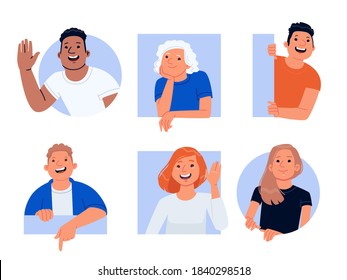 Smiling cheerful curious people. Set of characters happy men and women peeping and greeting. Vector illustration in flat style