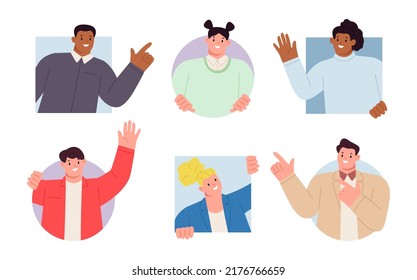 Smiling cheerful curious people. Set of characters happy men and women peeping and greeting. Vector illustration 
