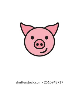Smiling cheerful cute pink pig. Color vector on white background.