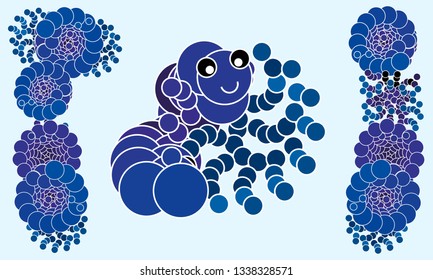 Smiling cheerful cute worm of circles, insect, abstraction, children picture, vector, blue flower, geometric pattern, illustration.