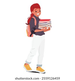 Smiling cheerful elementary age schoolgirl cartoon character carrying backpack and book stack in hands going to study isolated on white. Happy student back to school and learning vector illustration