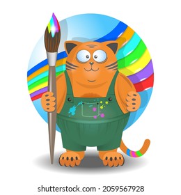 A smiling cheerful fat ginger puss in a green overalls with a large brush in paint against a background of bright colored stripes. Artist cat icon