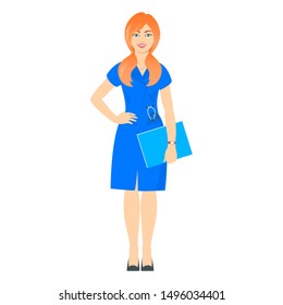 Smiling cheerful girl doctor stands in a blue medical coat. Holding a folder with a medical history in his hands. There is a fanendoscope in your pocket. Vector illustration with isolated background.