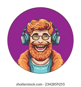 Smiling cheerful guy with a red beard in glasses and headphones listens to music. Round icon, portrait, call center emblem. Cartoon style. Vector illustration