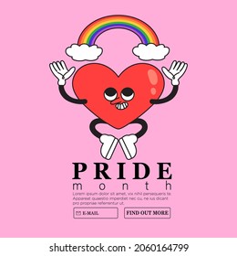 Smiling cheerful heart shape holding rainbow. Creative lgbtq+ or pride month web or advertisement banner, landing page, greeting post card. Funny cartoon comic character on pink background.