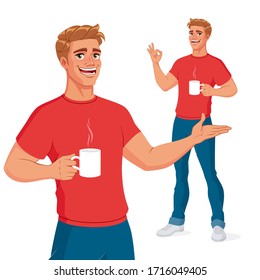 Smiling cheerful man holding a cup of hot drink presenting and showing OK hand sign gesture. Cartoon vector illustration isolated on white background.