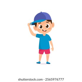 Smiling cheerful waving boy character. Cute and friendly vector cartoon illustration. Flat style character isolated on white background for children's content, animations, education, sport