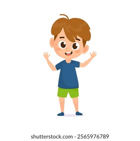 Smiling cheerful waving boy character. Cute and friendly vector cartoon illustration. Flat style character isolated on white background for children's content, animations, education, sport