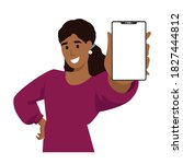 Smiling cheerful young black african american woman holds and presents mobile phone. Vector illustration.