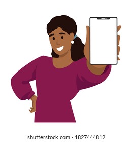 Smiling cheerful young black african american woman holds and presents mobile phone. Vector illustration.