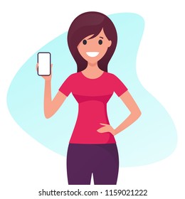 Smiling cheerful young woman holds and presents mobile phone. Vector illustrtion.