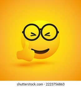 Smiling Cheering Amused Shiny Happy Satisfied Young Male Emoji Wearing Glasses Showing Thumbs Up and Enjoyment - Simple Emoticon on Yellow Background - Vector Design