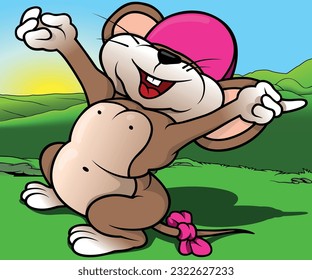 Smiling and Cheering Mouse with Open Arms - Colored Cartoon Illustration with Background, Vector