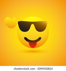 Smiling, Cheering, Waving Emoji with Stuck Out Tongue and Sunglasses on Yellow Background - Vector Design