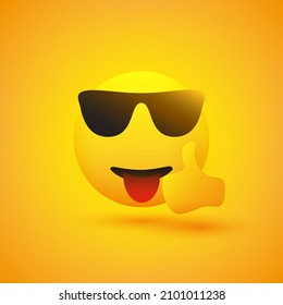 Smiling, Cheering, Waving Emoji with Stuck Out Tongue and Sunglasses Showing Thumbs Up on Yellow Background - Vector Design