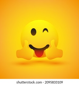 Smiling, Cheering, Winking Emoji with Stuck Out Tongue Showing Double Thumbs Up on Yellow Background - Vector Design