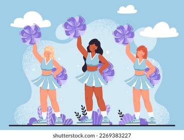 Smiling cheerleaders dancing. Women in blue skirts and tops with purple pom poms. Young girls performing. Cute team jumping. Football support female perform. Cartoon flat vector illustration