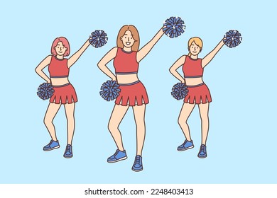 Animadores sonrientes con uniforme bailando con pompones. Chicas felices animando a los atletas deportivos de apoyo en el partido. Hobby y actividad. Ilustración vectorial. 