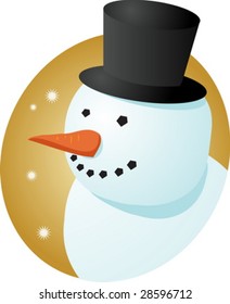Smiling cheery snowman in tophat, winter scene illustration