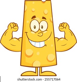 Smiling Cheese Cartoon Character Flexing. Vector Illustration Isolated On White