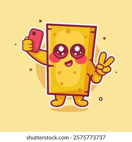 smiling cheese food character mascot taking a selfie with a smartphone isolated cartoon