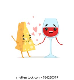 Smiling cheese and glass of red wine holding by hands. Couple in love. Food and drink concept. Vector illustration characters in flat style svg