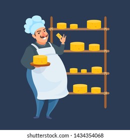 Smiling cheesemaker with a block of cheese on a tray holding cheese slice in his hand. Happy man in an apron, hat, work uniform. Shelf with cheese heads on a dark background. Vector flat illustration.