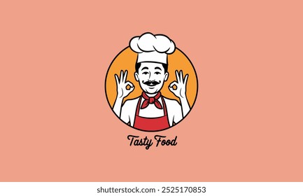 Smiling chef in apron giving OK gesture, with Tasty Food text