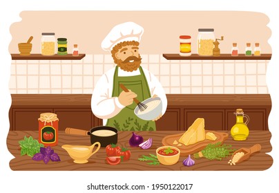 Smiling chef in apron mixing ingredients preparing sauce at kitchen table laden with ingredients, vegetables, spices, utensils, herbs. Man cooking homemade dressings. Vector hand-drawn illustration.