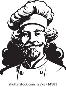 Chef sonriente en brazos cruzados pose. Feliz chef cocinar con ese sombrero aislado en blanco. Ilustración vectorial.
