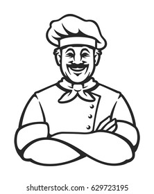 Smiling chef in arms crossed pose. Happy chef cook in hat. Black and white vector illustration.