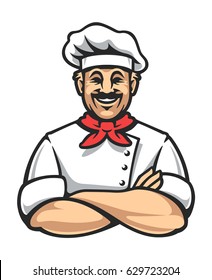 Smiling chef in arms crossed pose. Happy chef cook in hat isolated on white. Vector illustration.