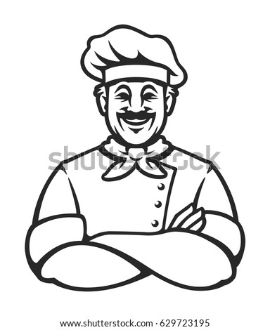 Smiling chef in arms crossed pose. Happy chef cook in hat. Black and white vector illustration.