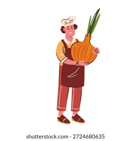 Sonriente chef en delantal marrón sosteniendo una enorme cebolla que simboliza la agricultura orgánica, la cosecha fresca, la cocina vegana y el mercado de alimentos saludables, personaje de dibujos animados en la Ilustración vectorial simple moderna.
