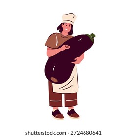 Chef sonriente en uniforme marrón con enorme berenjena púrpura que simboliza la agricultura orgánica, la cosecha fresca y el estilo de vida vegano saludable, personaje de dibujos animados simple Ilustración vectorial plana